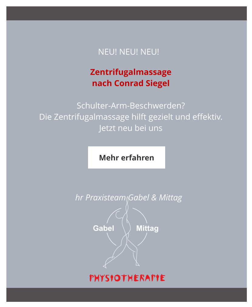 Schulter-Arm-Beschwerden? Die Zentrifugalmassage hilft gezielt und effektiv. Jetzt neu bei uns.
